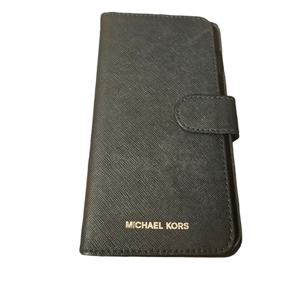 Michael Kors Black Saffiano Leather Folio Wallet Phone Case Gold Logo Hardware